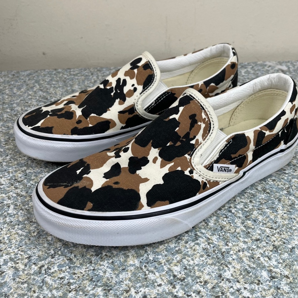 Vans Slip On Shoes Mens 6 Womens 7.5 Brown Cow Print Canvas Animal Sneakers